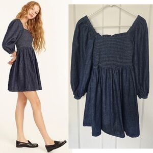 J. Crew Smocked Puff-sleeve Square Neck Mini Dress In Chambray Denim Size Small